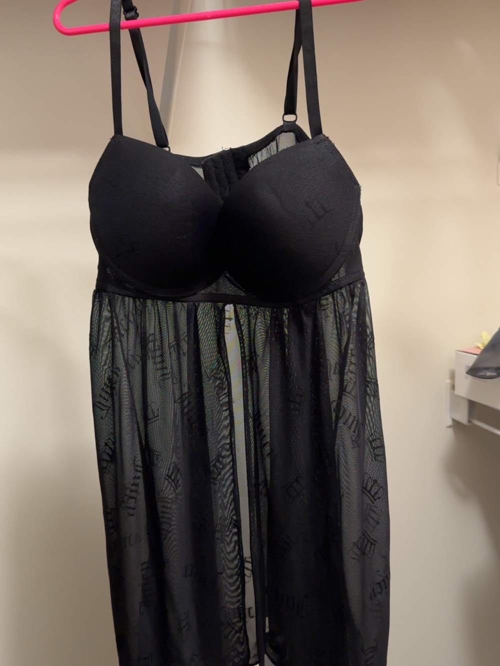 Juicy Couture Black Sheer Lace-Logo Babydoll Chemise